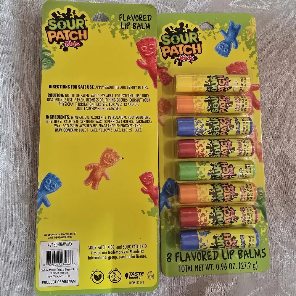 Sour Patch Kids 8 Flavored Lip Balms Pack 0.96oz ea Lot of 2 Packs Beautycore